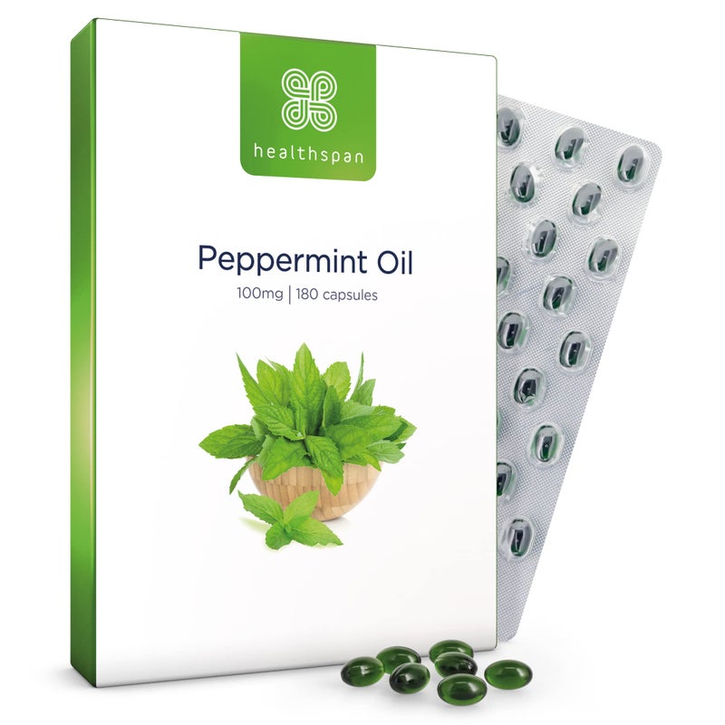 Healthspan High Strength Peppermint Oil 100mg (180 Capsules) | Helps to Support a Healthy Digestion | One-A-Day & Easy to Swallow Capsule | Vegan
